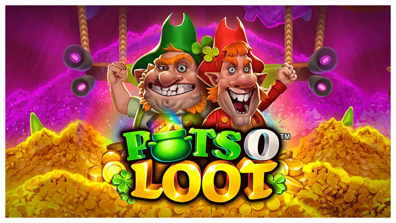 Leprechauns with gold coins and shamrocks in the Pet's Loot online casino game scene.